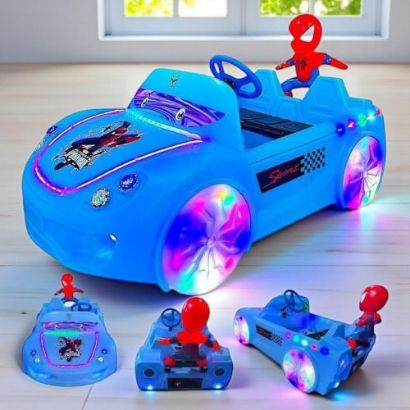 صورة سيارة كهربائية للأطفال بتصميم سباق مع تمثال سبايدرمان